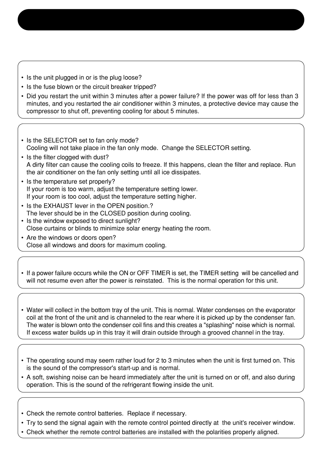 Sharp AF-R140CX, AF-R100CX AIR Conditioner does not Operate AT ALL, AIR Conditioner does not Properly Cool, Sounds 