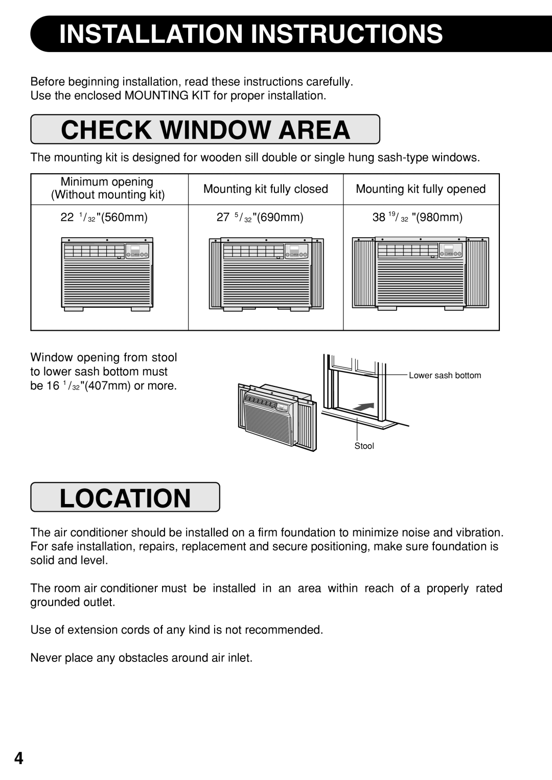 Sharp AF-R140CX, AF-R100CX, AF-R120CX operation manual Installation Instructions, Check Window Area, Location 