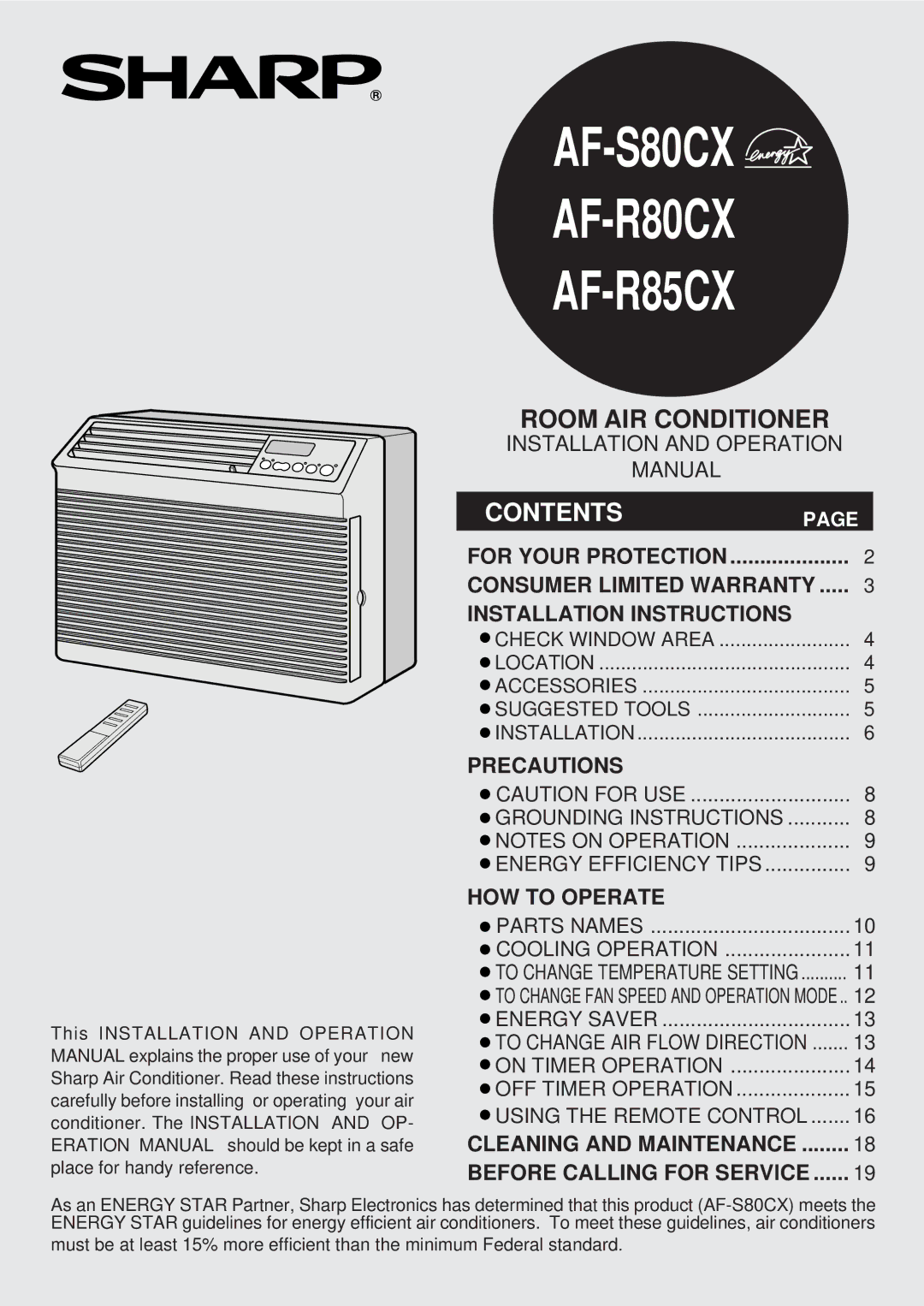 Sharp operation manual AF-S80CX AF-R80CX AF-R85CX 