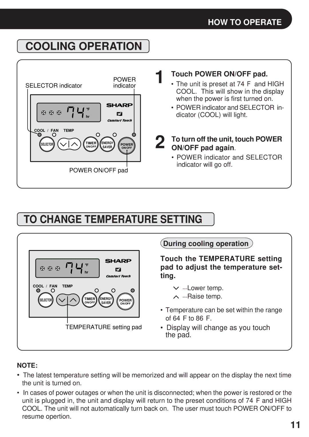 Sharp AF-S80CX, AF-R80CX Cooling Operation, To Change Temperature Setting, Touch Power ON/OFF pad, ON/OFF pad again 