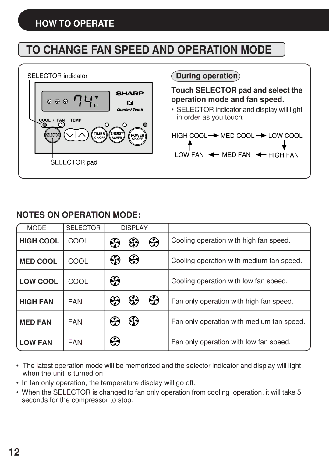 Sharp AF-R80CX, AF-R85CX, AF-S80CX operation manual To Change FAN Speed and Operation Mode, Low Fan 