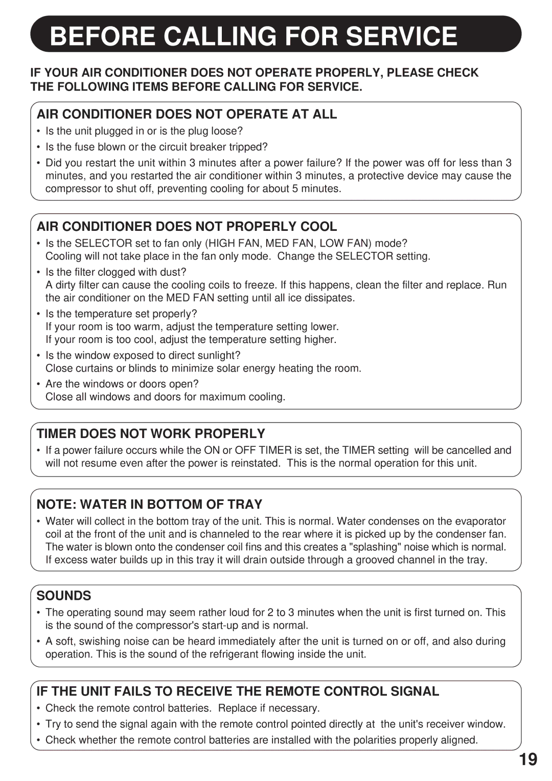 Sharp AF-R85CX, AF-R80CX, AF-S80CX AIR Conditioner does not Operate AT ALL, AIR Conditioner does not Properly Cool, Sounds 