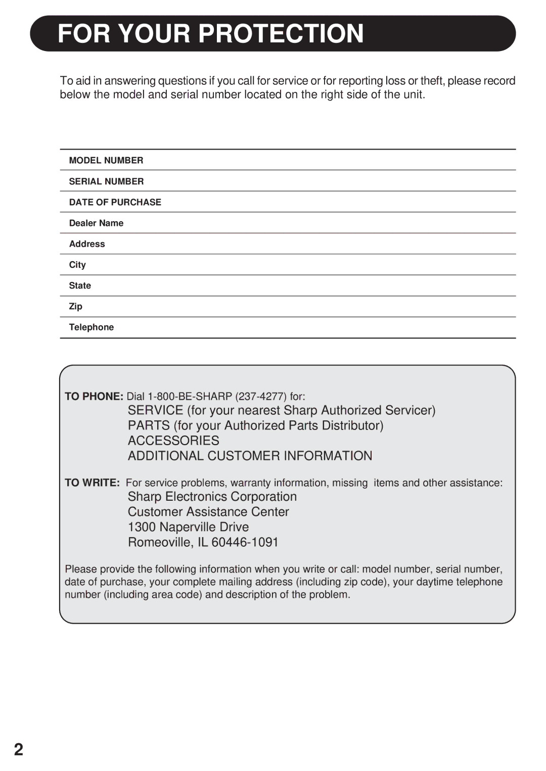 Sharp AF-S80CX, AF-R80CX, AF-R85CX operation manual For Your Protection, Accessories Additional Customer Information 