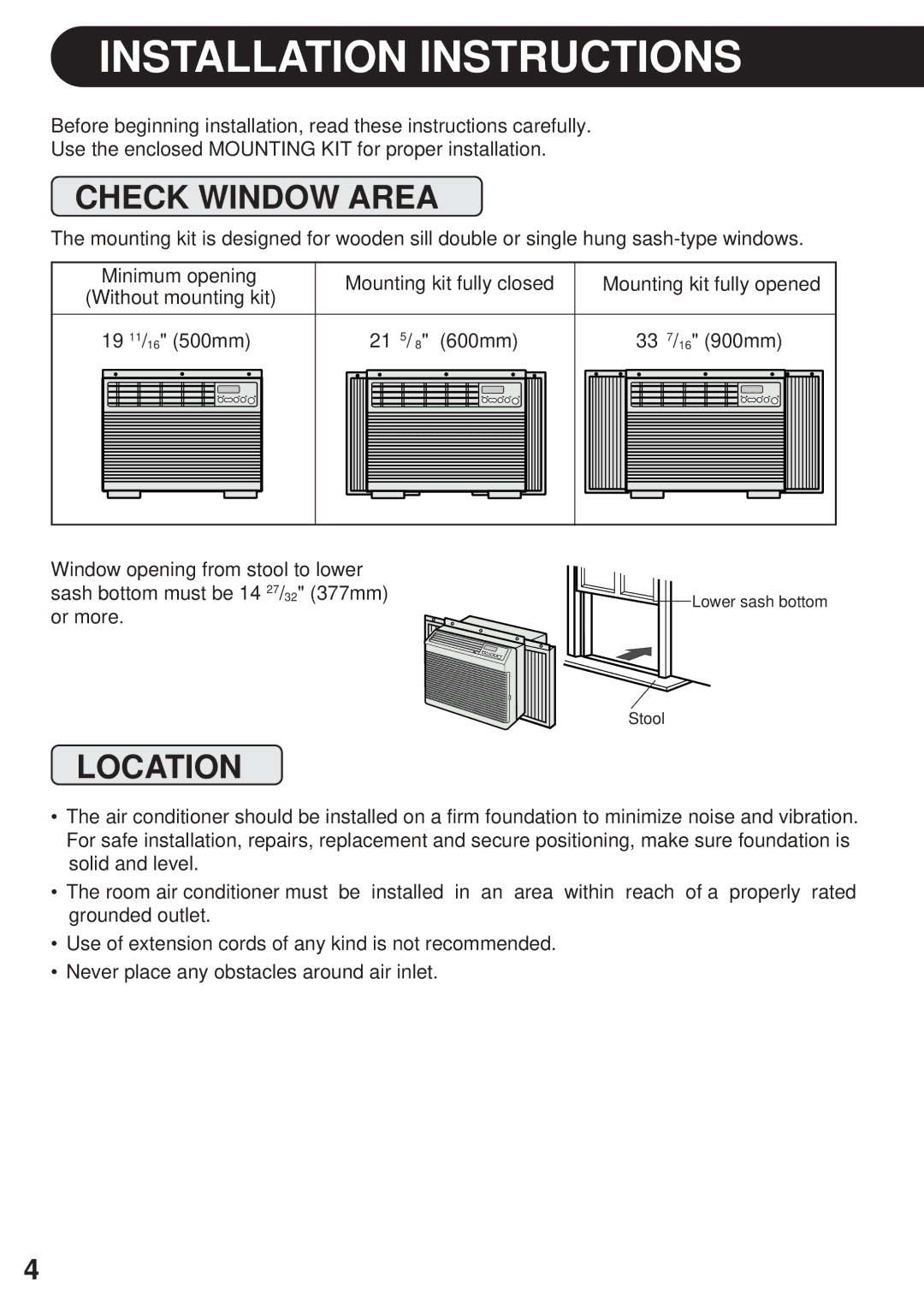 Sharp AF-R85CX, AF-R80CX, AF-S80CX operation manual Installation Instructions, Check Window Area, Location 