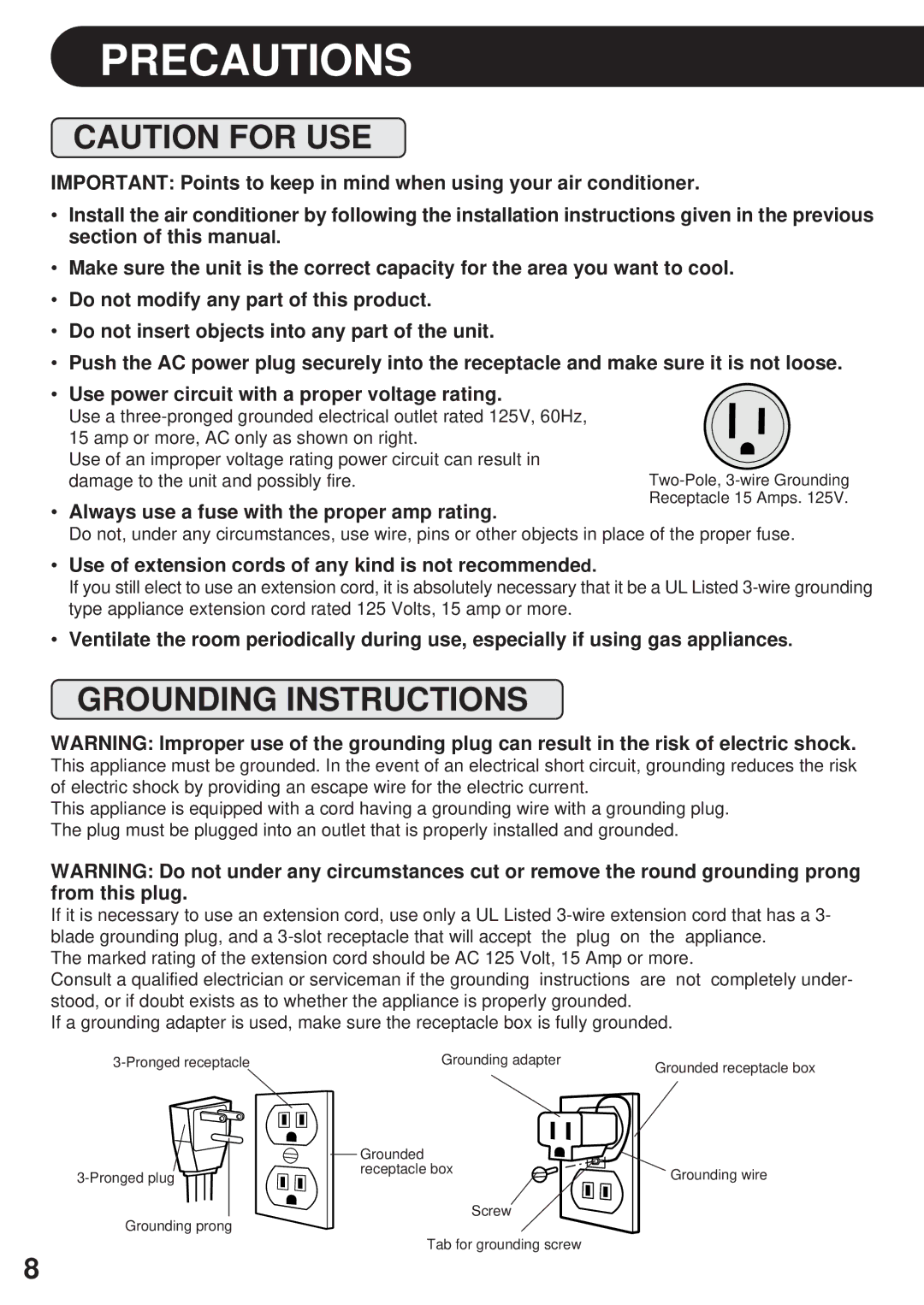 Sharp AF-S80CX, AF-R80CX, AF-R85CX operation manual Precautions, Grounding Instructions 