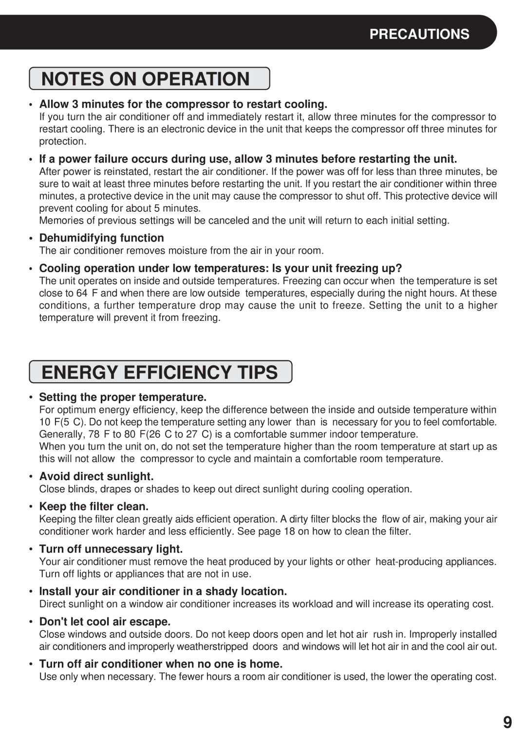 Sharp AF-R80CX, AF-R85CX, AF-S80CX operation manual Energy Efficiency Tips, Precautions 