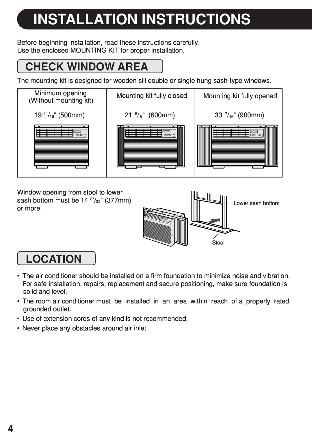 Sharp AF-R85CX, AF-R80CX, AF-S80CX operation manual Installation Instructions, Check Window Area, Location 