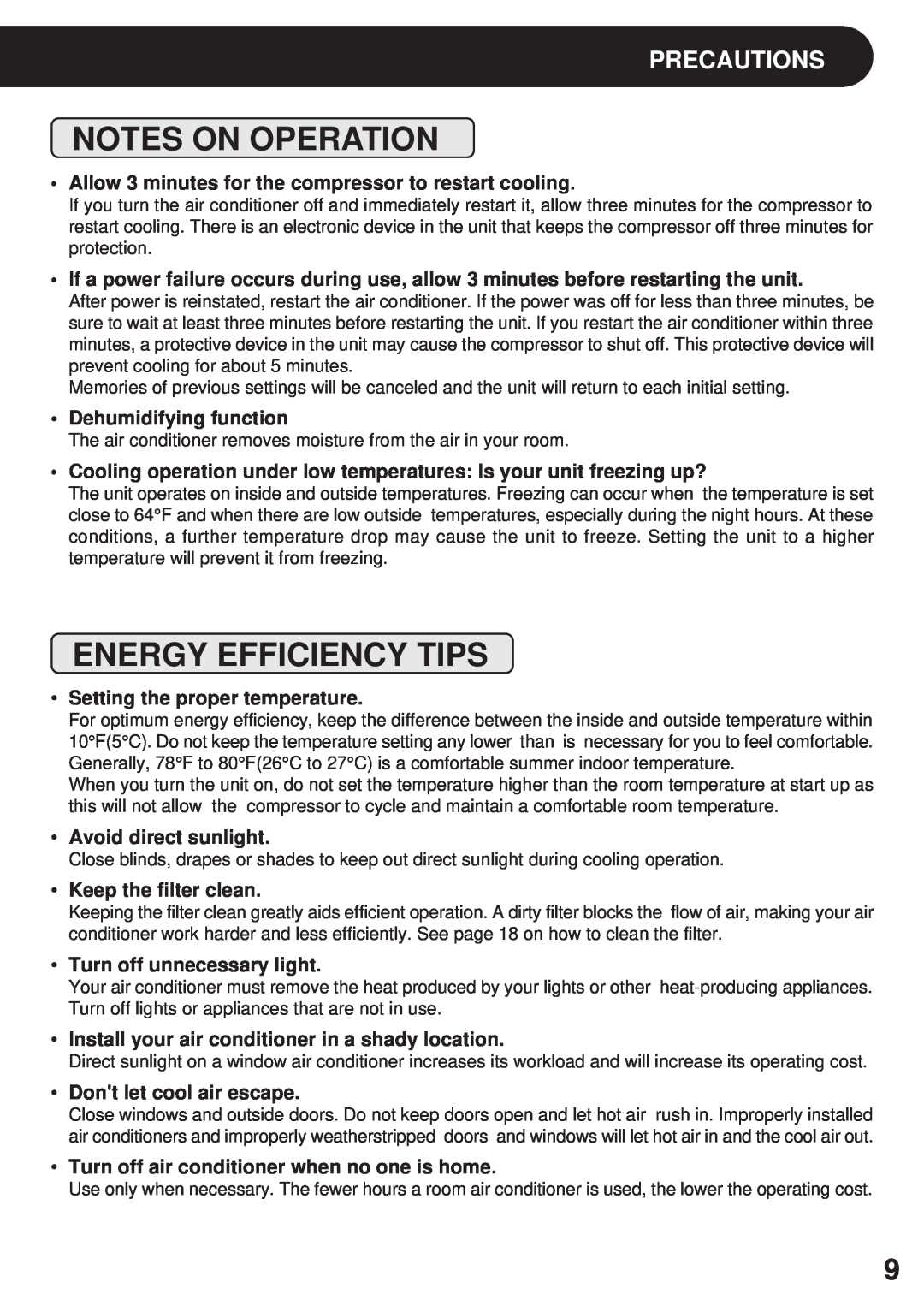 Sharp AF-R80CX, AF-R85CX, AF-S80CX operation manual Notes On Operation, Energy Efficiency Tips, Precautions 