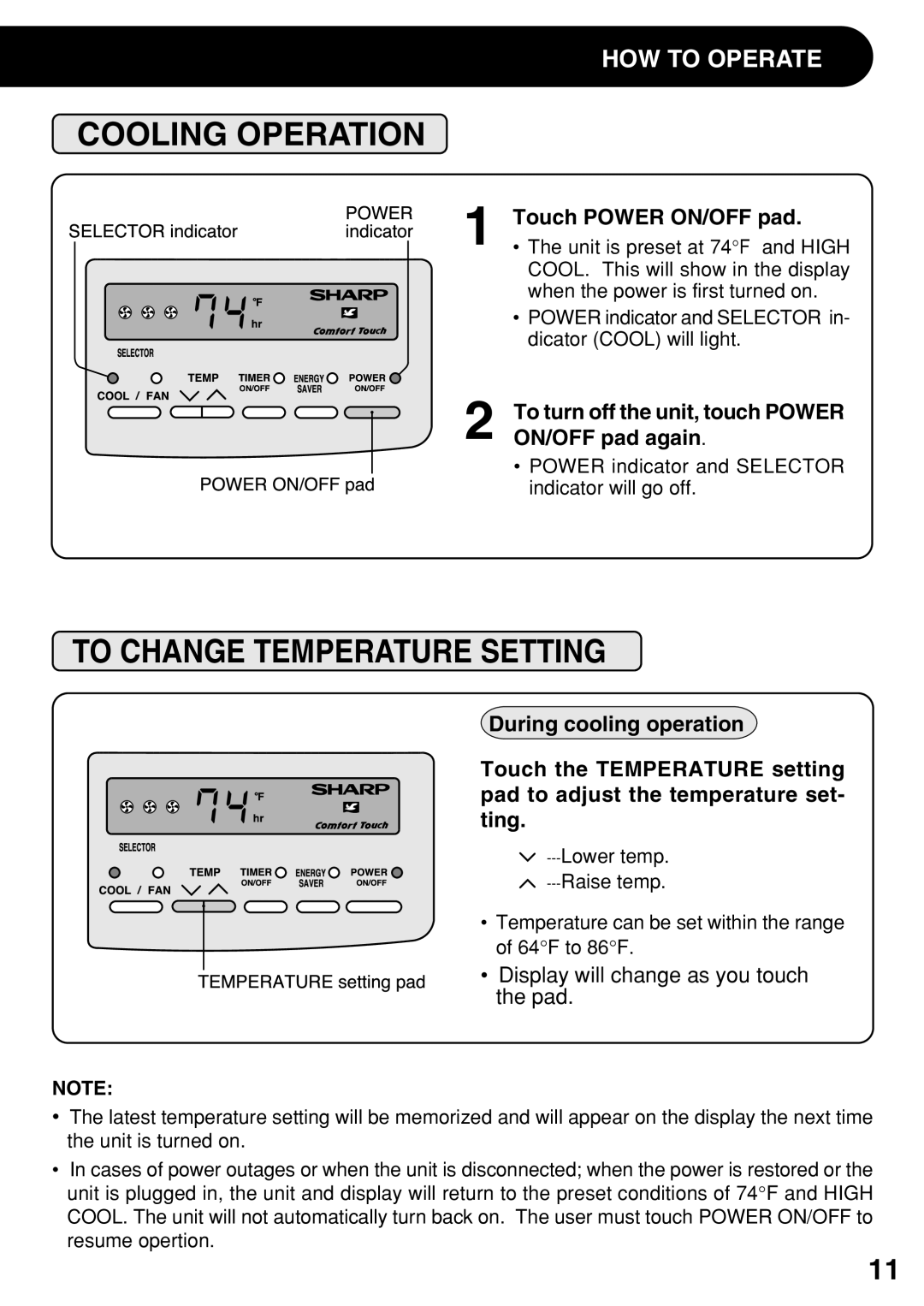 Sharp AF-S120DX, AF-S100DX, AF-R120DX, AF-100DX To Change Temperature Setting, Touch Power ON/OFF pad, ON/OFF pad again 