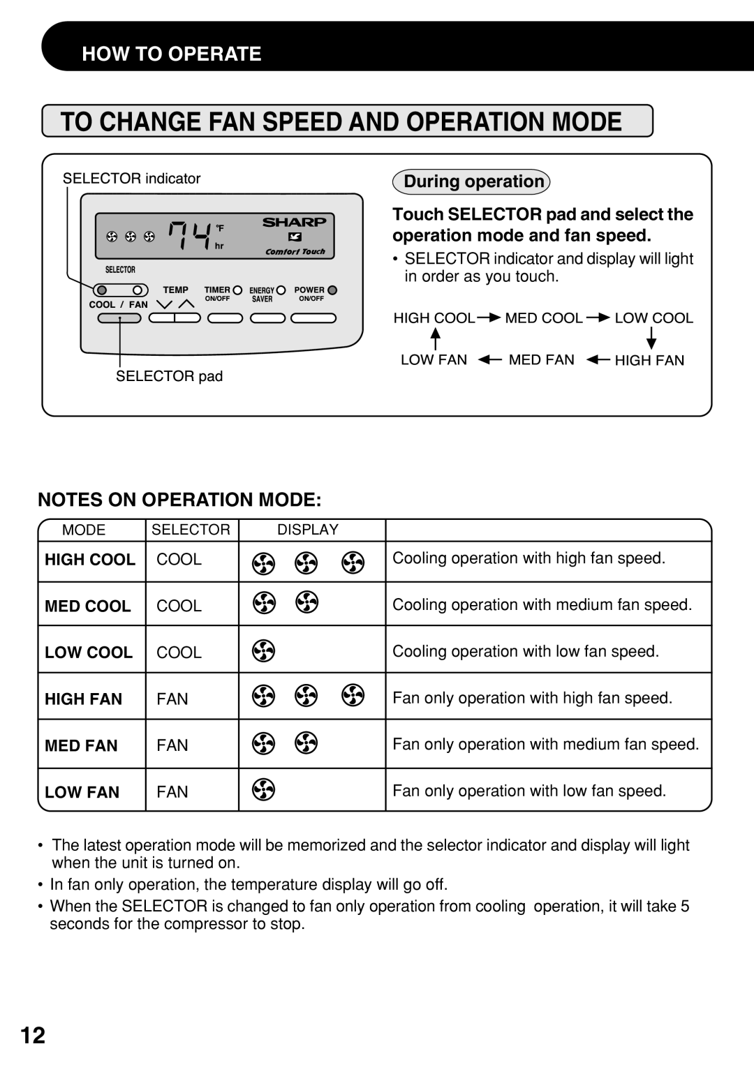 Sharp AF-R120DX, AF-S100DX, AF-S120DX Change FAN Speed and Operation Mode, During operation, Touch Selector pad and select 