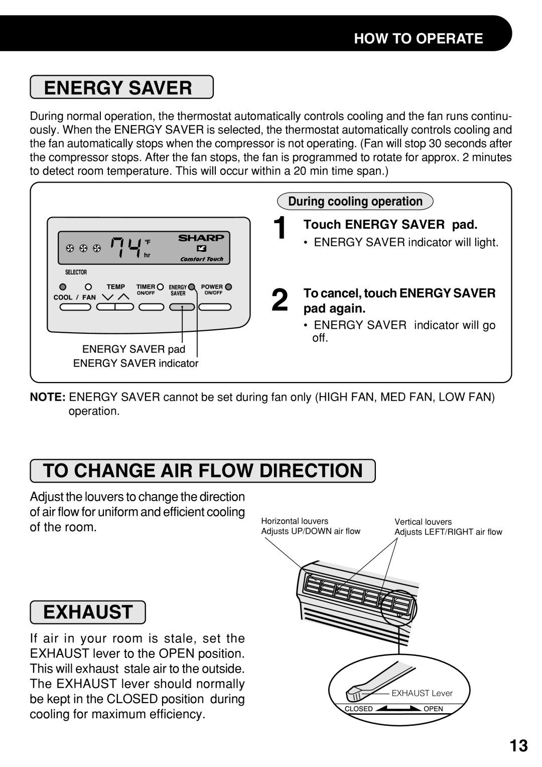 Sharp AF-100DX To Change AIR Flow Direction, Exhaust, During cooling operation Touch Energy Saver pad, Pad again 