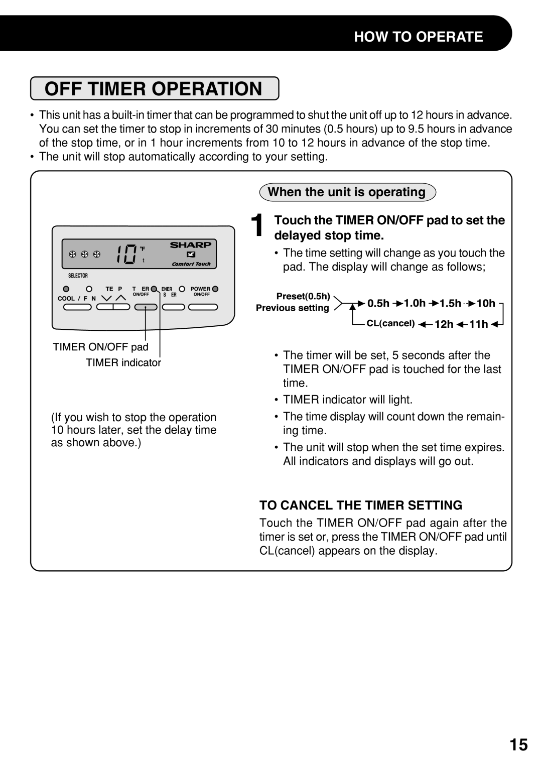 Sharp AF-S100DX, AF-S120DX, AF-R120DX, AF-100DX OFF Timer Operation, When the unit is operating, To Cancel the Timer Setting 