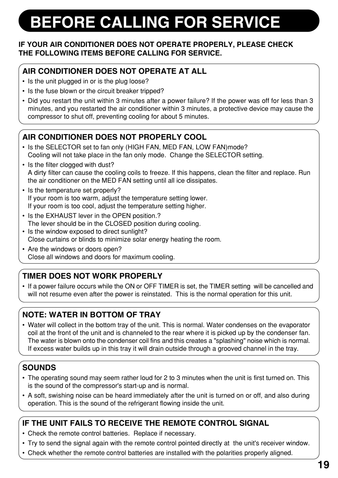 Sharp AF-R140DX, AF-S100DX AIR Conditioner does not Operate AT ALL, AIR Conditioner does not Properly Cool, Sounds 