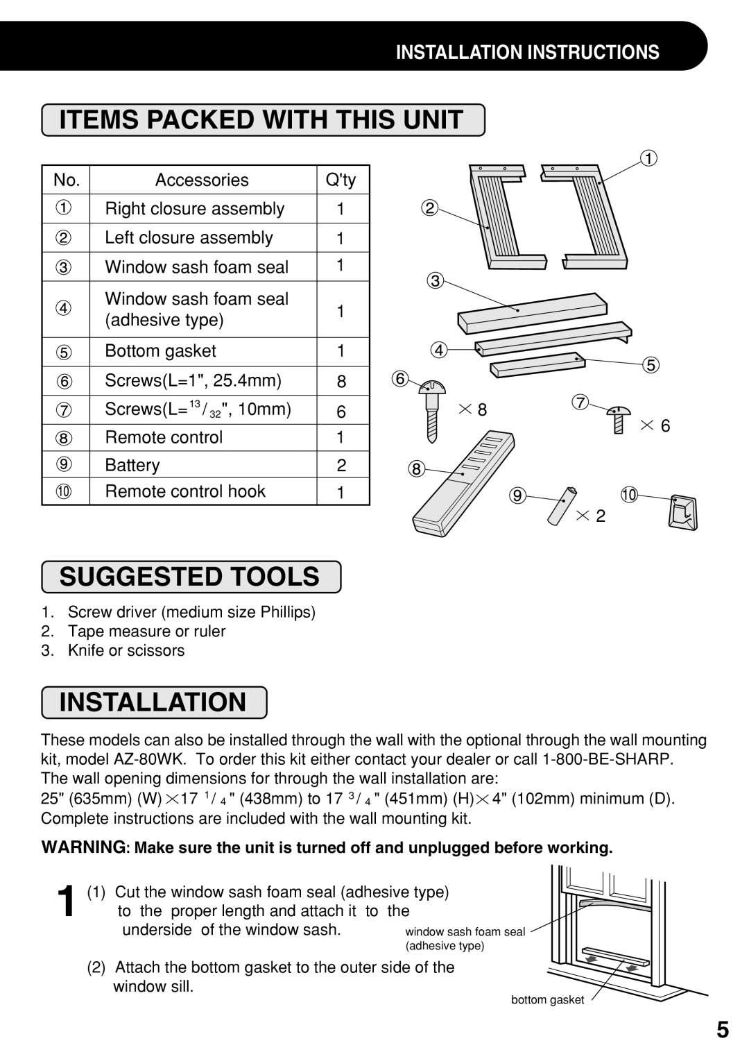 Sharp AF-S100DX, AF-S120DX, AF-R120DX, AF-100DX, AF-R140DX Items Packed with this Unit, Suggested Tools, Installation 