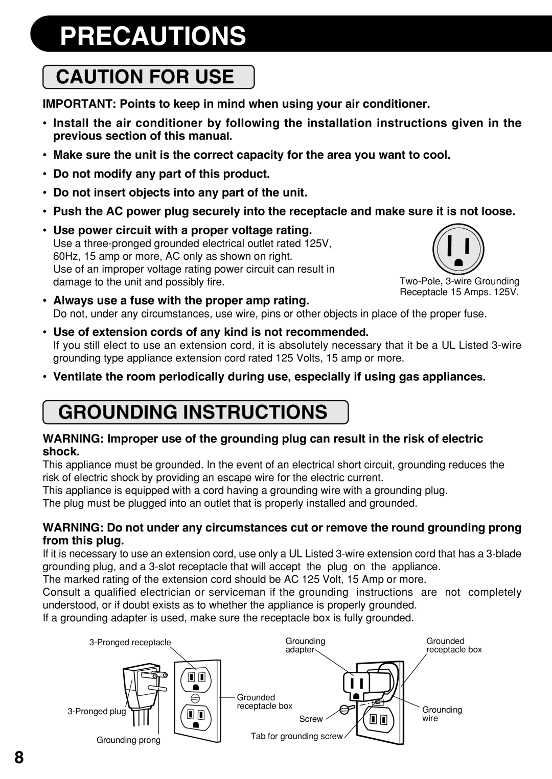 Sharp AF-100DX, AF-S100DX, AF-S120DX, AF-R120DX, AF-R140DX operation manual Precautions, Grounding Instructions 