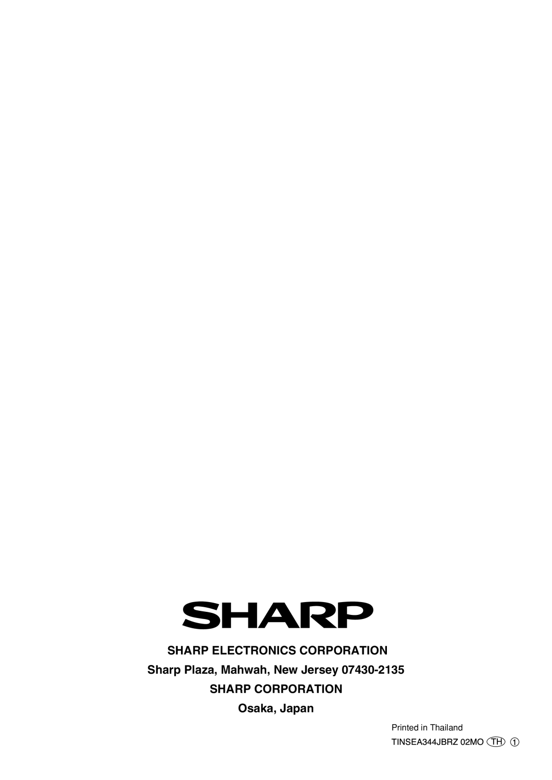 Sharp AF-S100DX, AF-S120DX, AF-R120DX PrintedTINSEA344JBRZin Thailand02MOTH1, Sharp Electronics Corporation, Osaka, Japan 