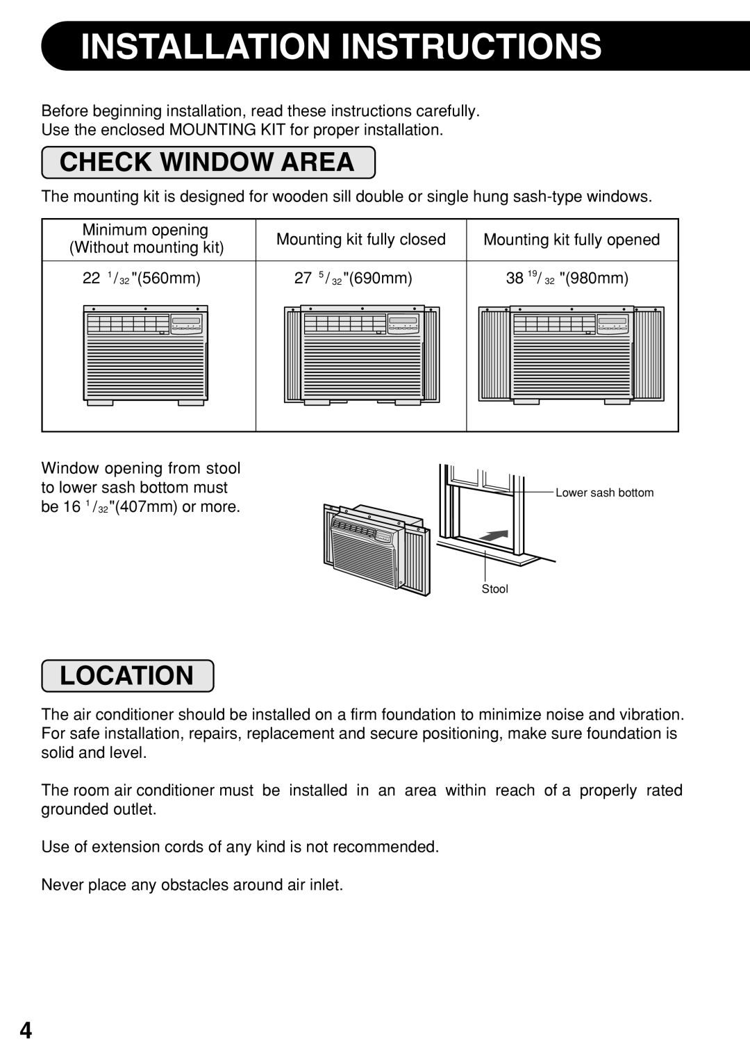 Sharp AF-R140DX, AF-S100DX, AF-S120DX, AF-R120DX, AF-100DX Installation Instructions, Check Window Area, Location 