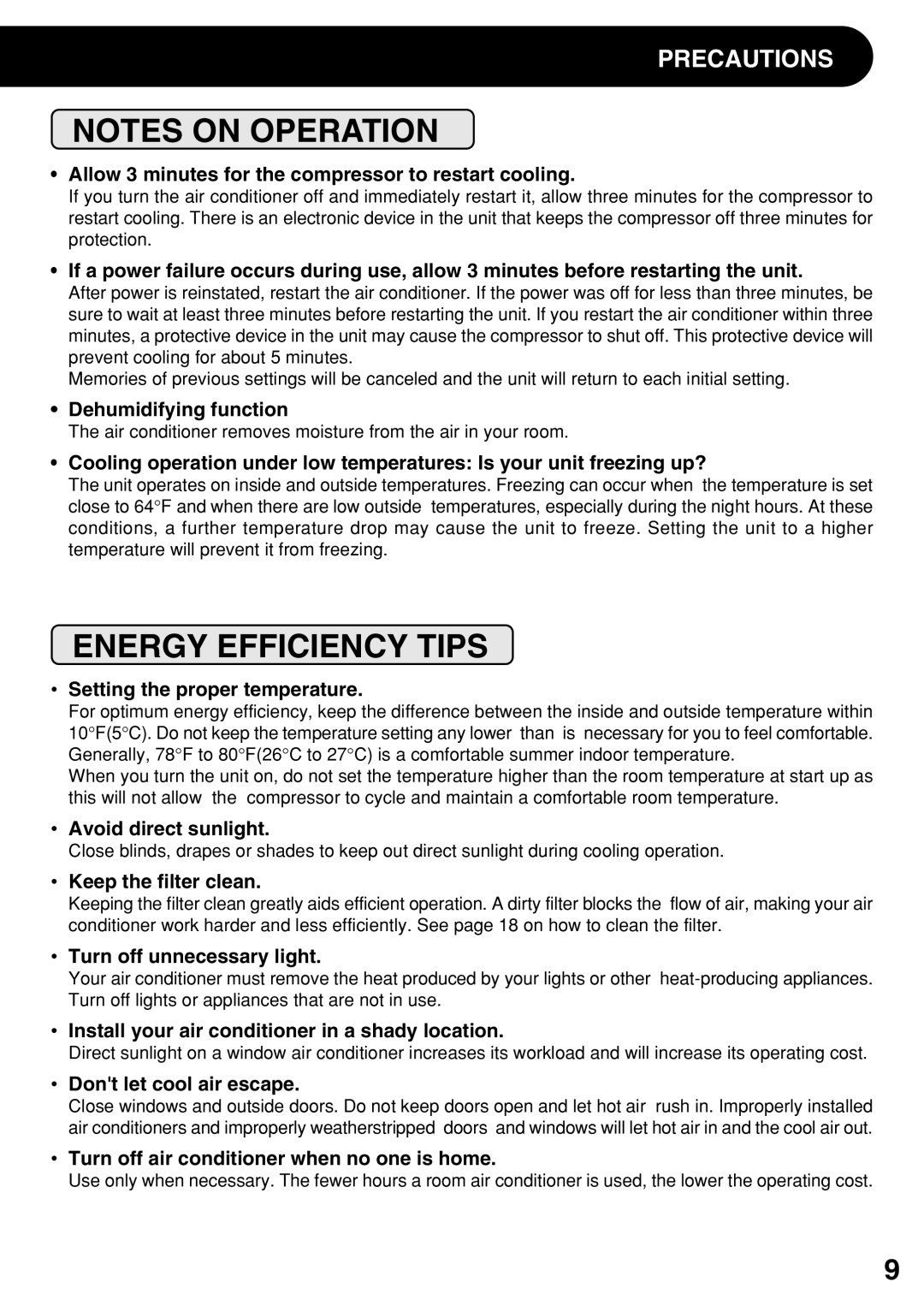 Sharp AF-R140DX, AF-S100DX, AF-S120DX, AF-R120DX, AF-100DX Notes On Operation, Energy Efficiency Tips, Precautions 