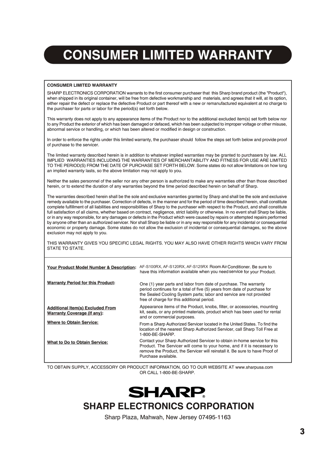 Sharp 2020215A0343 manual AF-S100RX, AF-S120RX, AF-S125RX 