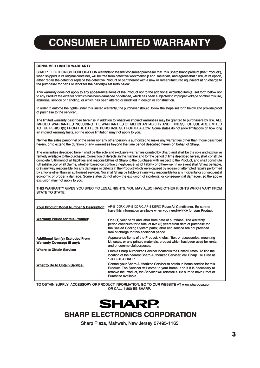 Sharp 2020215A0343 manual AF-S100RX, AF-S120RX, AF-S125RX 