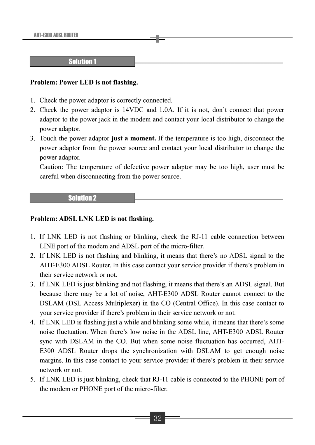 Sharp AHT-E300 user manual Problem Power LED is not flashing, Problem Adsl LNK LED is not flashing 