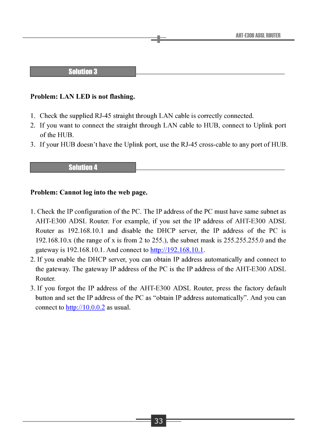 Sharp AHT-E300 user manual Problem LAN LED is not flashing, Problem Cannot log into the web 