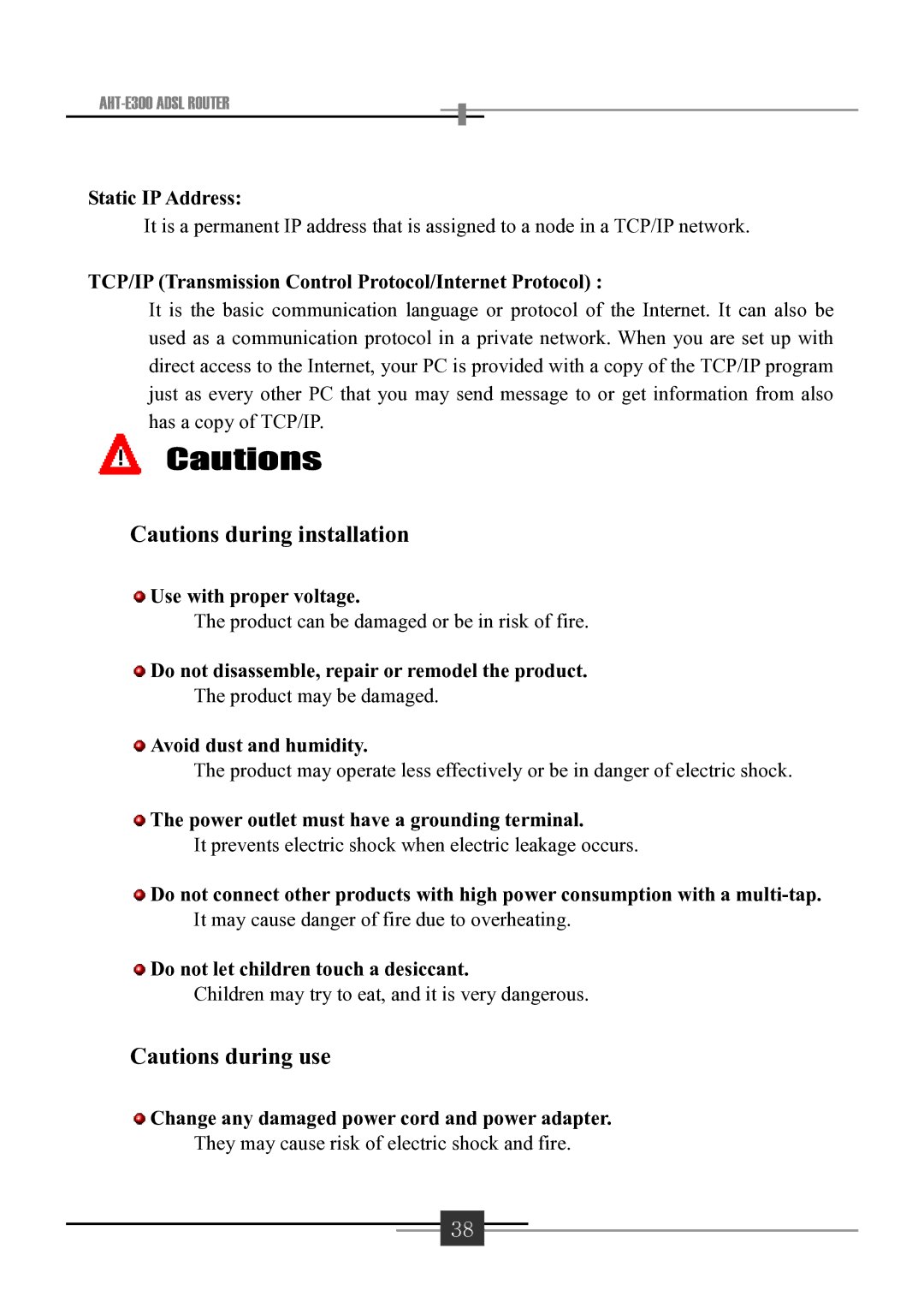 Sharp AHT-E300 Static IP Address, TCP/IP Transmission Control Protocol/Internet Protocol, Use with proper voltage 