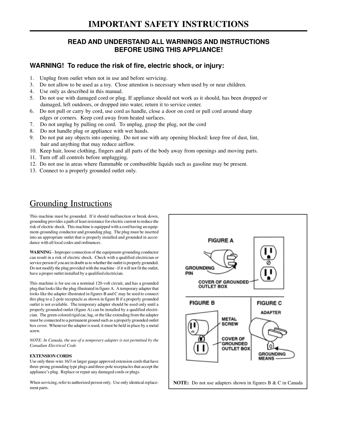 Sharp AIR BLOWER manual Important Safety Instructions, Grounding Instructions 