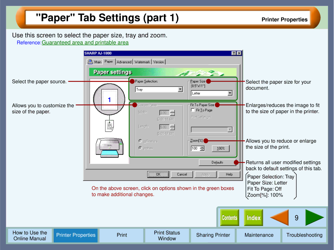 Sharp AJ-2000, AJ-1800 manual Paper Tab Settings part, Use this screen to select the paper size, tray and zoom 