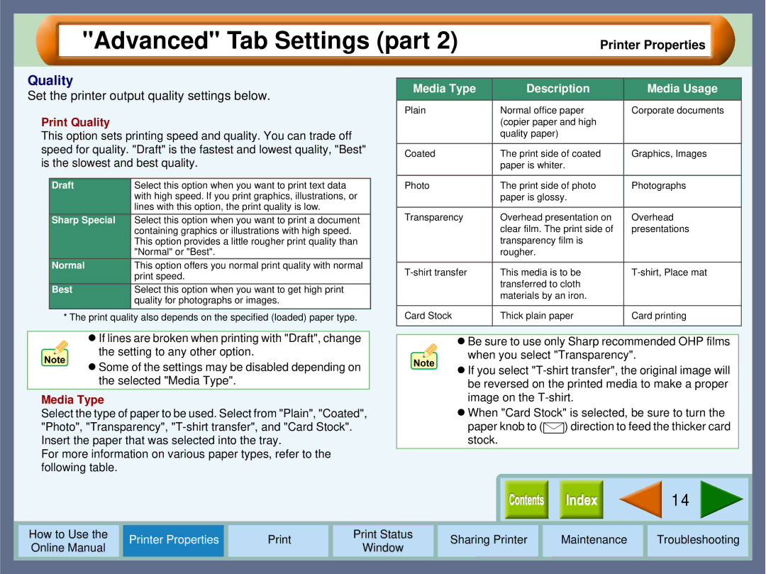 Sharp AJ-1800, AJ-2000 manual Print Quality, Media Type 