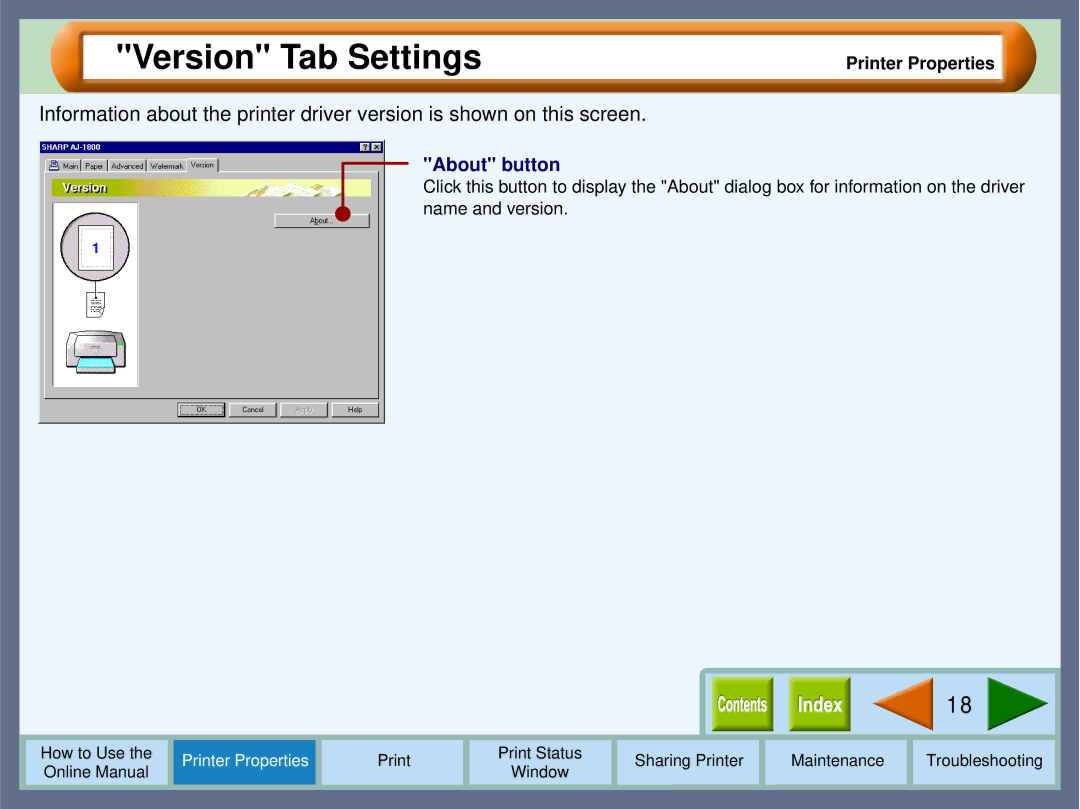 Sharp AJ-1800, AJ-2000 manual Version Tab Settings, About button 