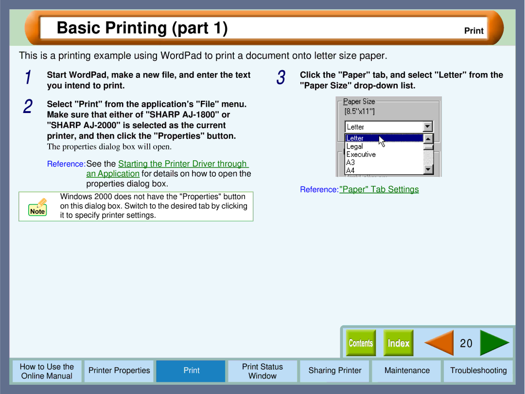 Sharp AJ-1800, AJ-2000 manual Basic Printing part, Reference Paper Tab Settings 