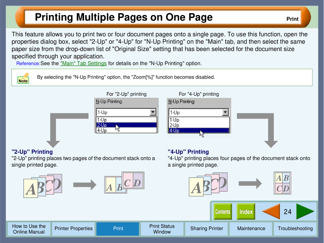 Sharp AJ-1800, AJ-2000 manual Printing Multiple Pages on One, Up Printing 