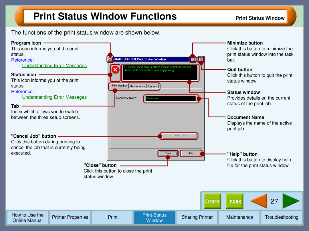 Sharp AJ-2000, AJ-1800 manual Print Status Window Functions, Functions of the print status window are shown below 