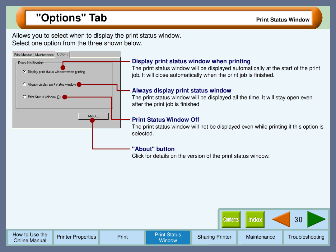 Sharp AJ-1800, AJ-2000 manual Options Tab, Display print status window when printing 