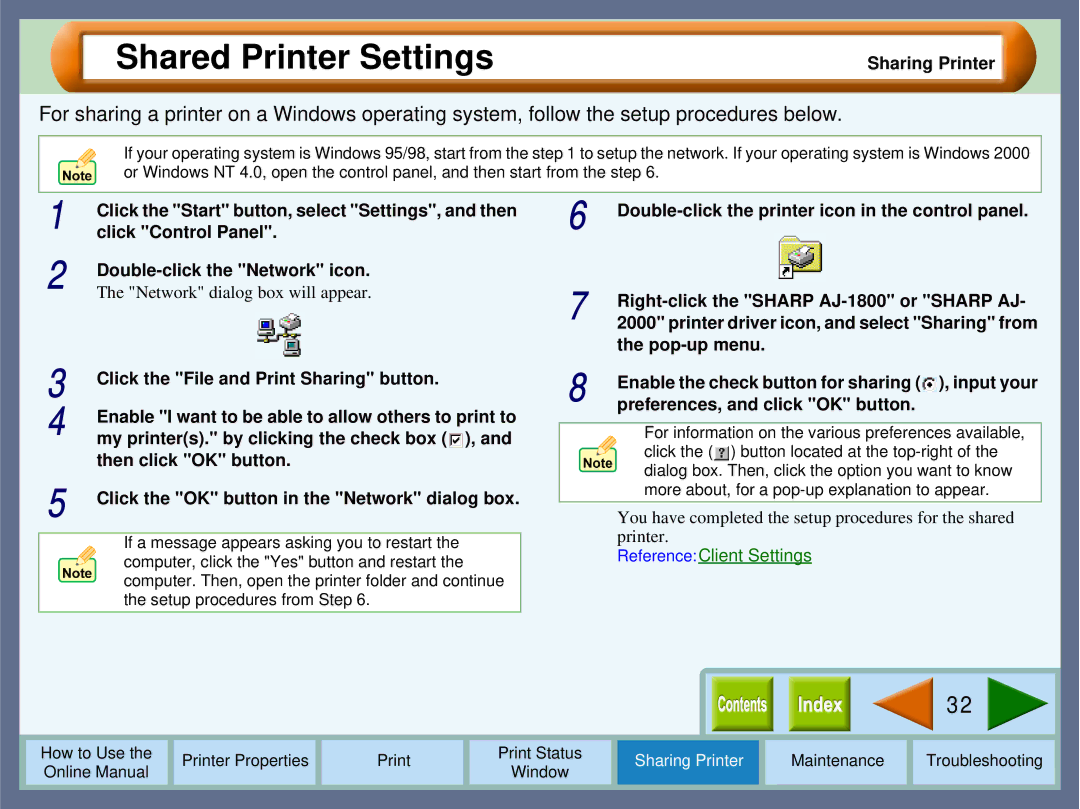 Sharp AJ-1800, AJ-2000 manual Shared Printer Settings 