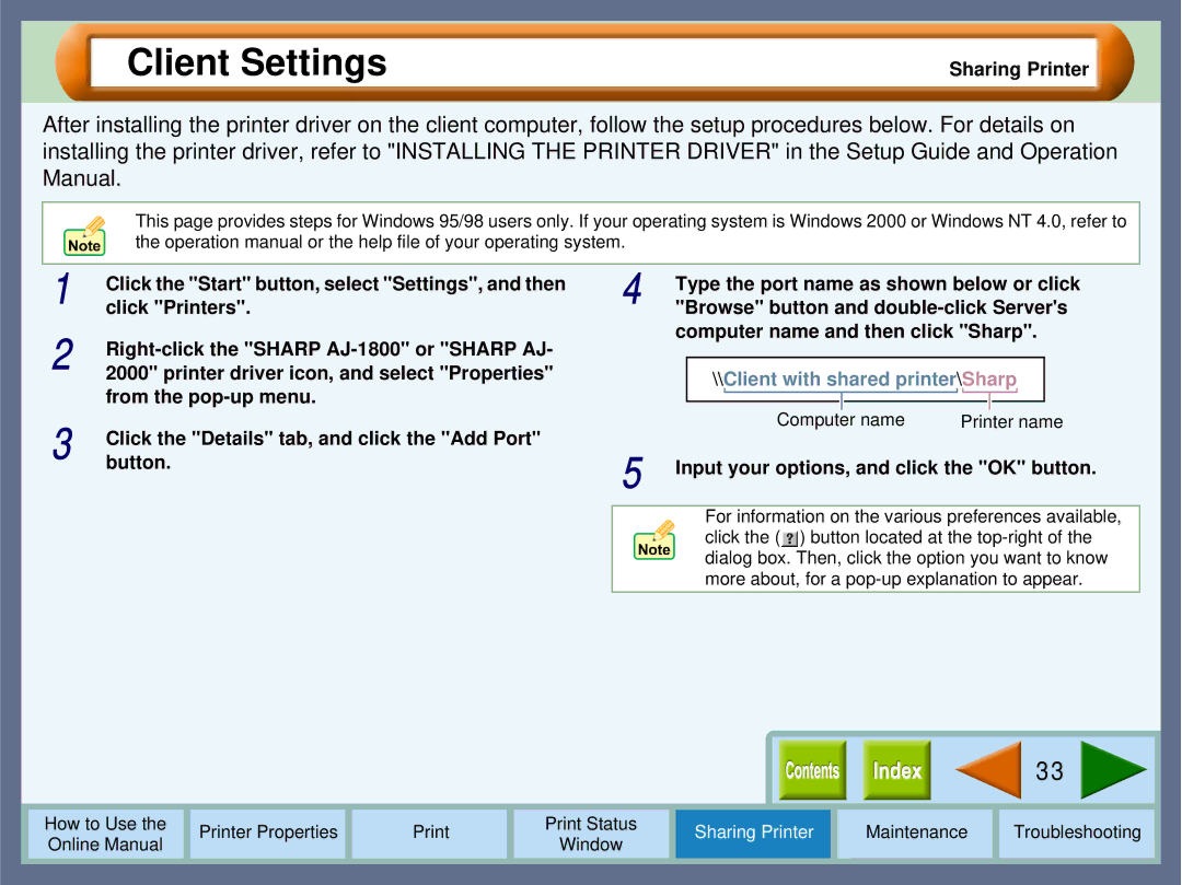 Sharp AJ-2000, AJ-1800 manual Client Settings, Input your options, and click the OK button, Button 