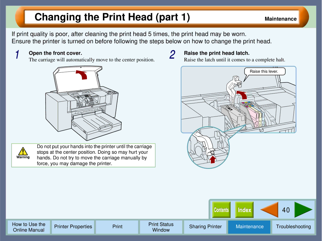 Sharp AJ-1800, AJ-2000 manual Changing the Print Head part, Open the front cover Raise the print head latch 