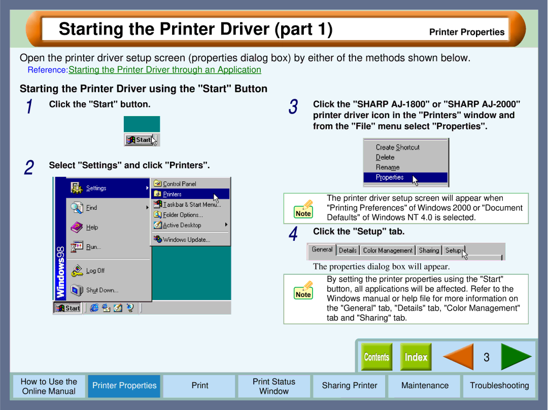 Sharp AJ-2000, AJ-1800 manual Starting the Printer Driver part, Starting the Printer Driver using the Start Button 