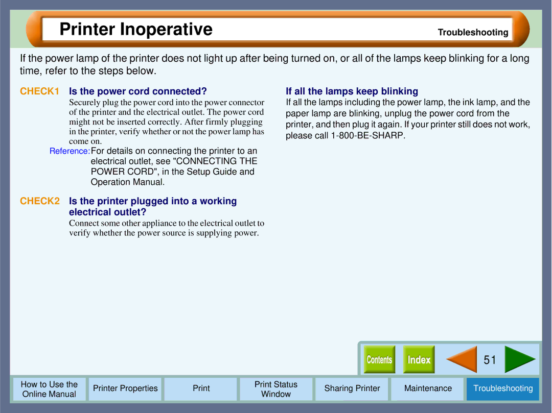 Sharp AJ-2000, AJ-1800 manual Printer Inoperative, CHECK1 Is the power cord connected?, If all the lamps keep blinking 