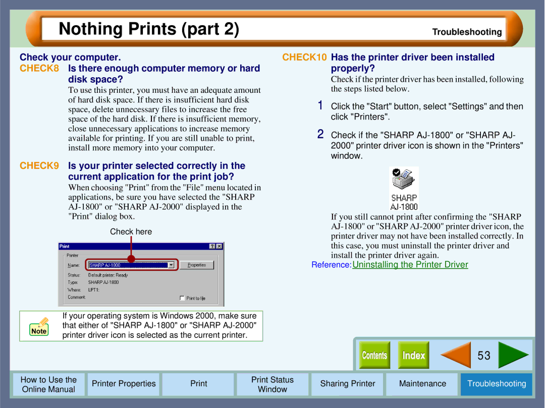 Sharp AJ-2000, AJ-1800 CHECK10 Has the printer driver been installed properly?, ReferenceUninstalling the Printer Driver 