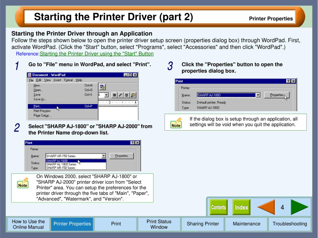 Sharp AJ-1800, AJ-2000 manual Starting the Printer Driver through an Application 