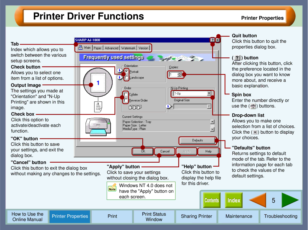 Sharp AJ-2000, AJ-1800 manual Printer Driver Functions, Apply button 