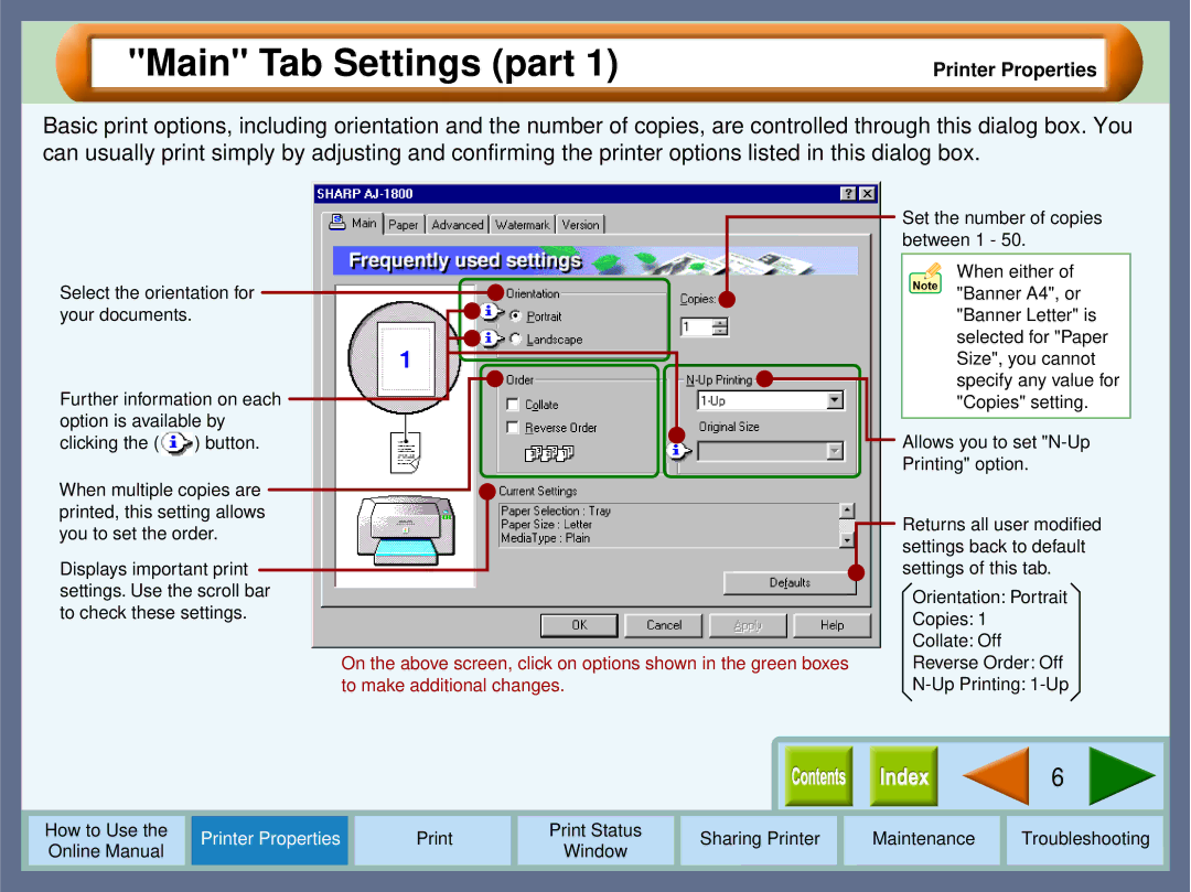 Sharp AJ-1800, AJ-2000 manual Main Tab Settings part 