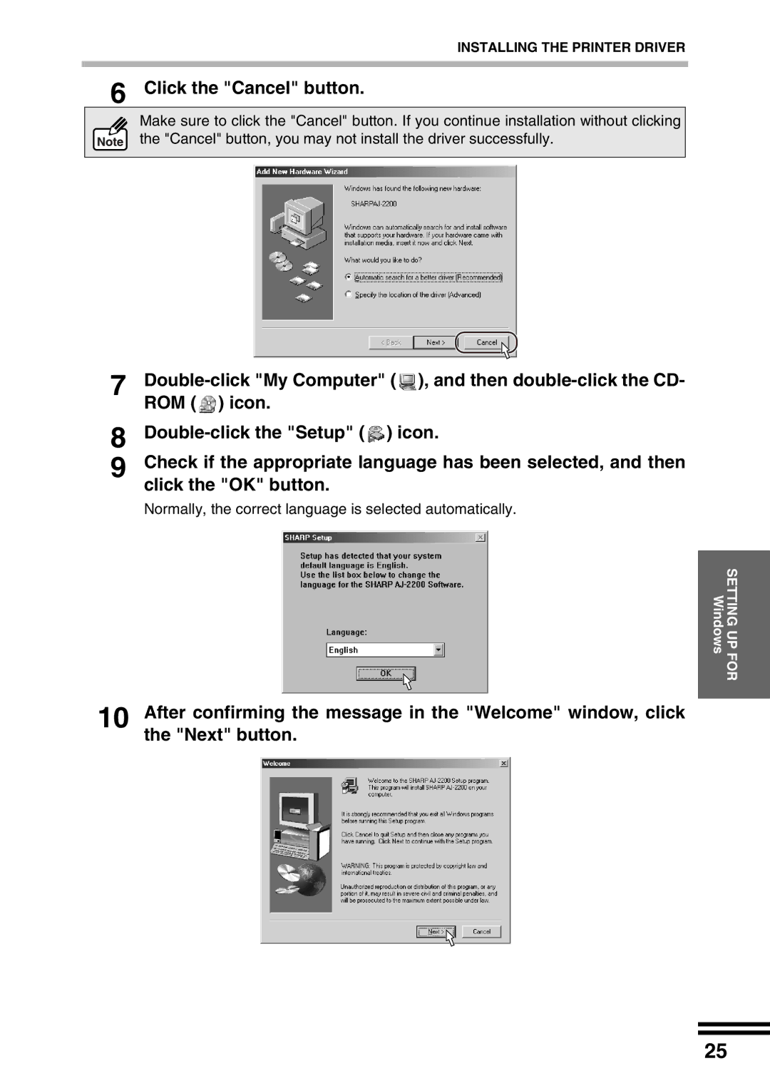 Sharp AJ-2200 appendix Click the Cancel button, Double-click My Computer , and then double-click the CD, ROM icon 