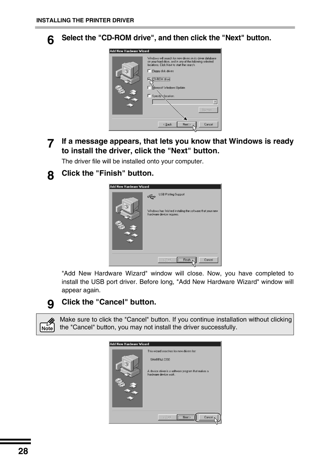 Sharp AJ-2200 appendix Click the Finish button, Click the Cancel button 