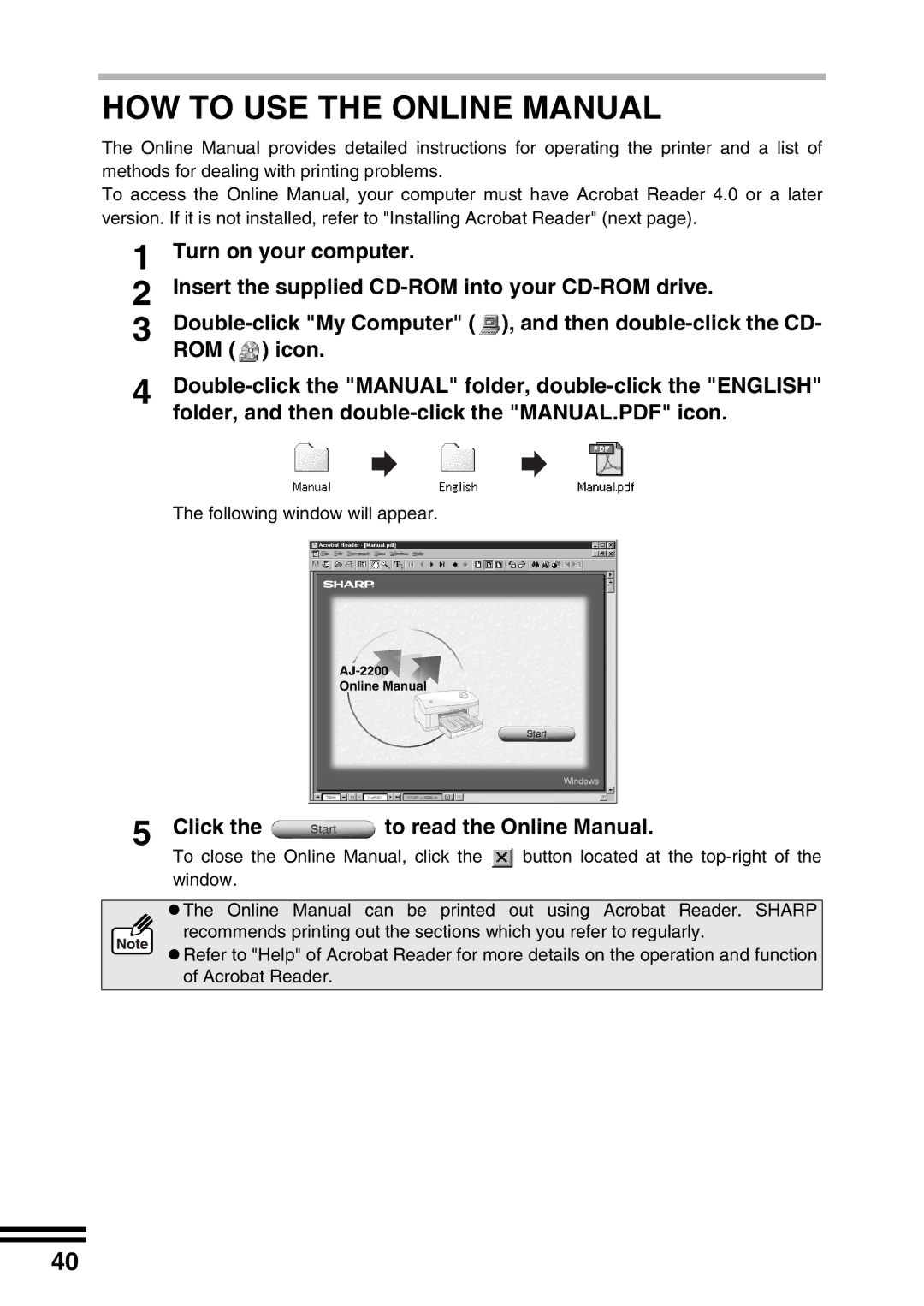 Sharp AJ-2200 appendix HOW to USE the Online Manual, Turn on your computer, Click To read the Online Manual 