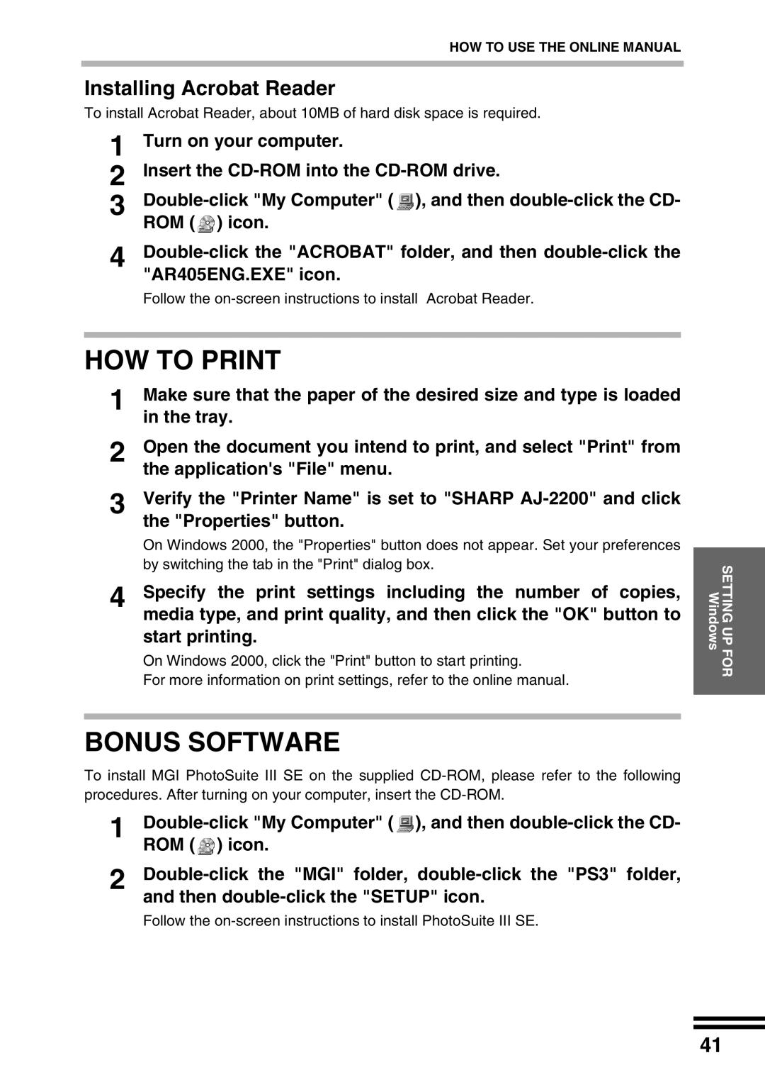 Sharp AJ-2200 appendix HOW to Print, Bonus Software, Installing Acrobat Reader 