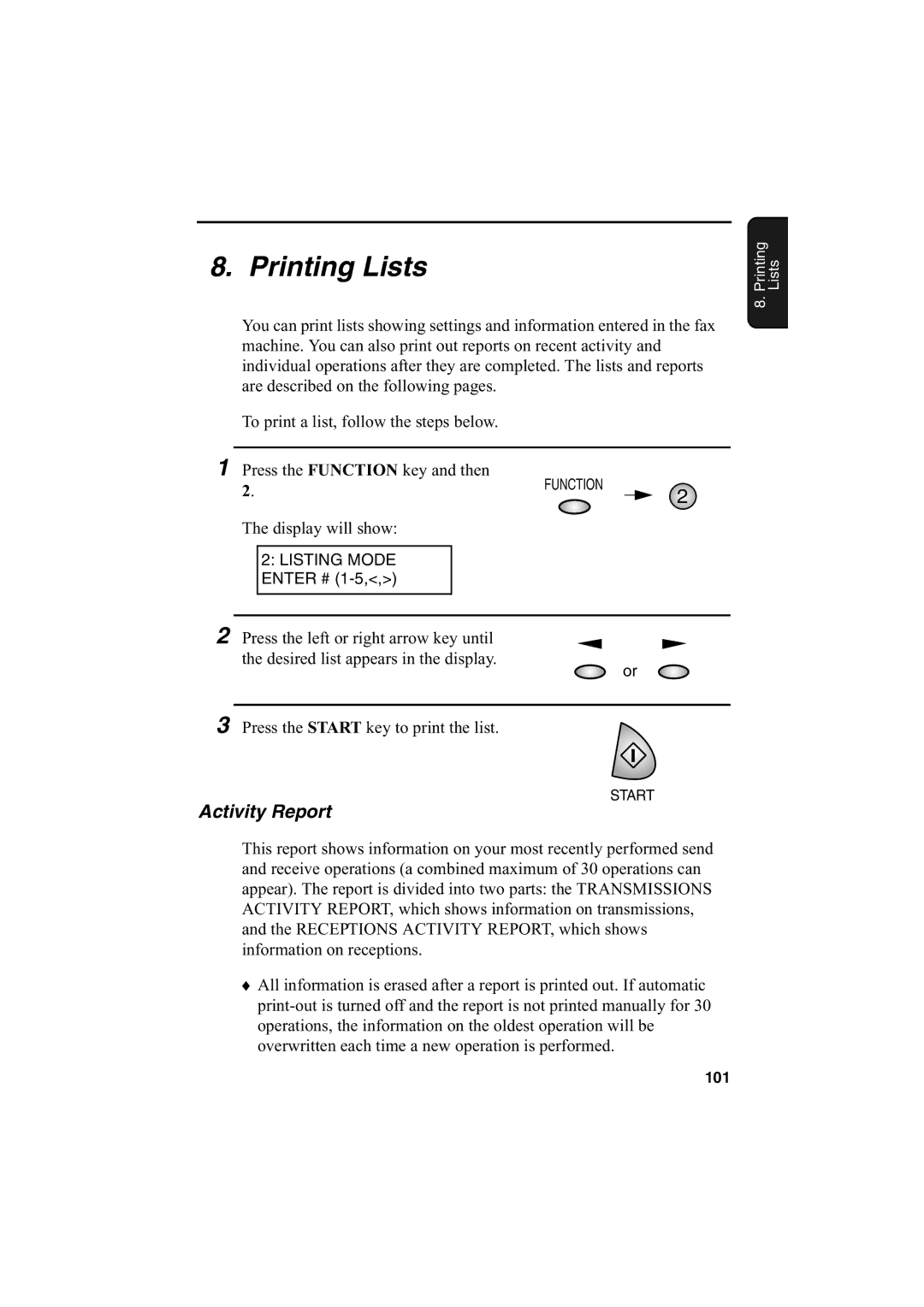 Sharp AJ-5030 operation manual Printing Lists, Activity Report 