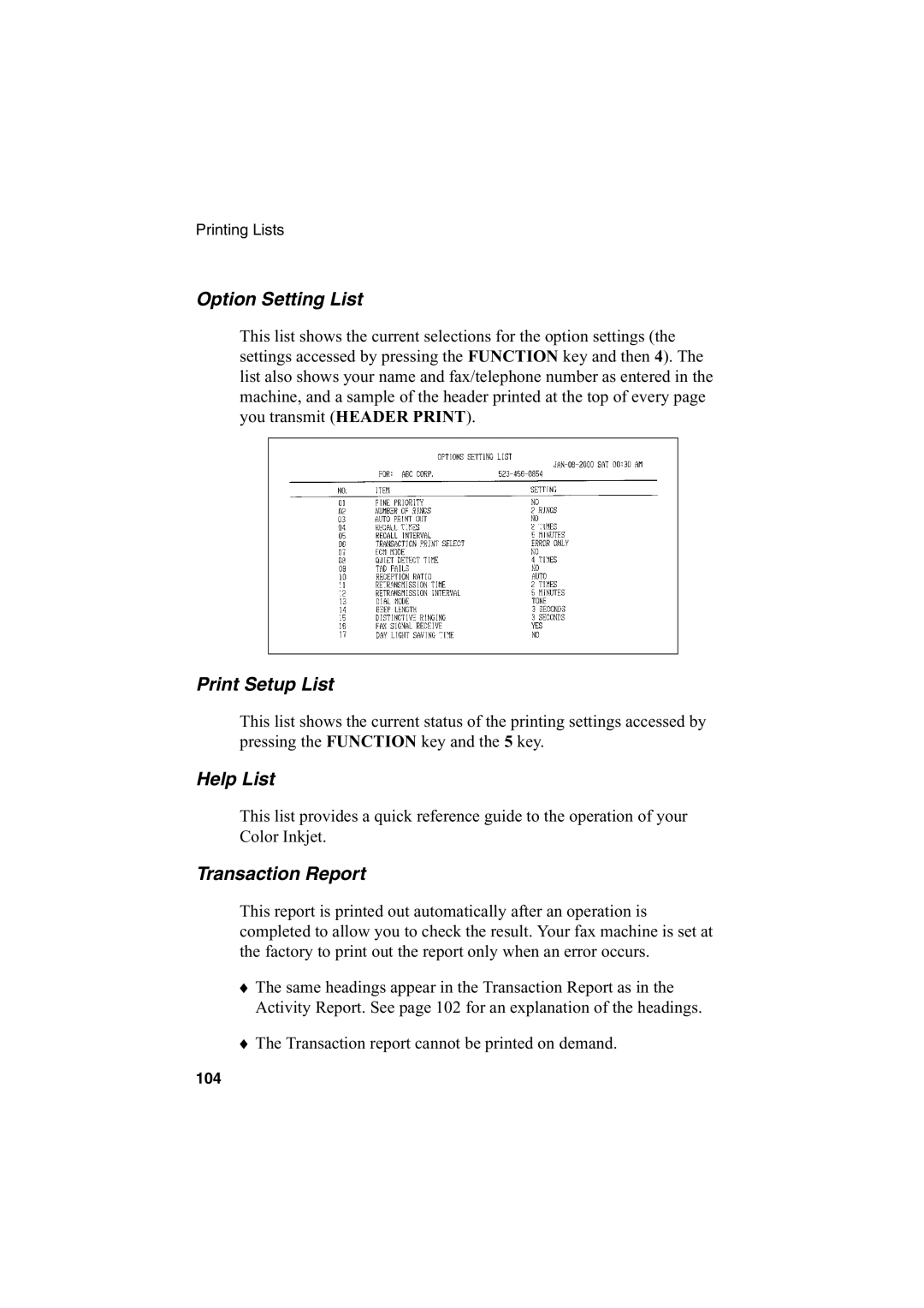 Sharp AJ-5030 operation manual Option Setting List, Print Setup List, Help List, Transaction Report 